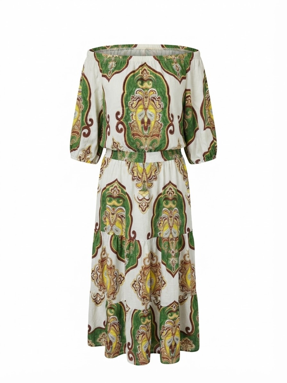 MELLODAY Green, White & Gold Patterned Off-Shoulder Midi Dress